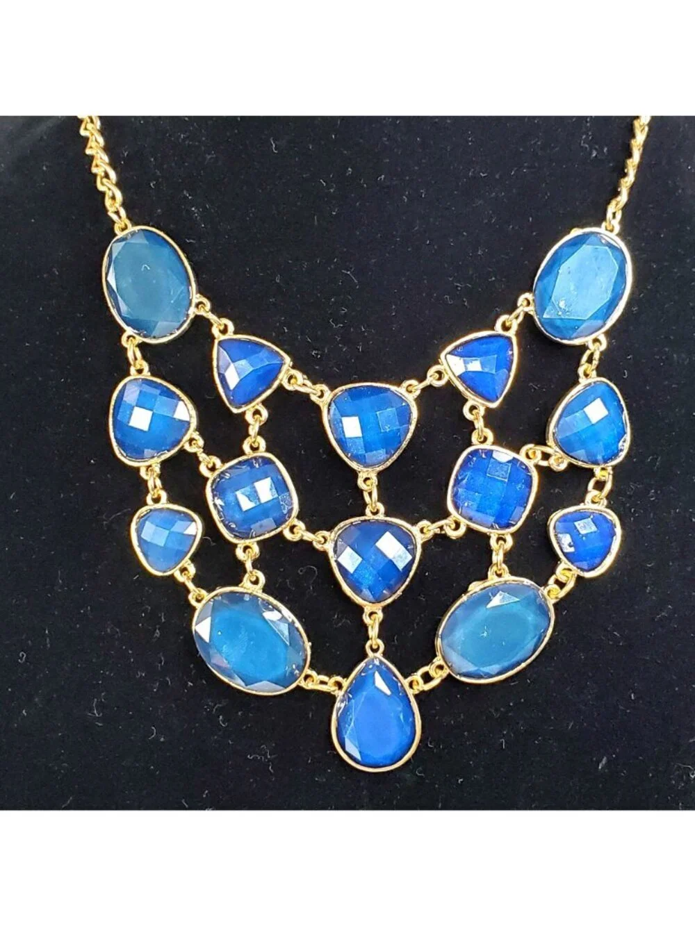 Gold-Tone Bib Necklace With Blue Plastic Faceted Stones Statement Jewelry